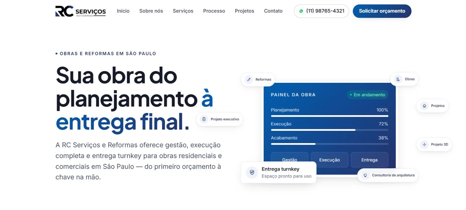 Página inicial do site RC Serviços e Reformas