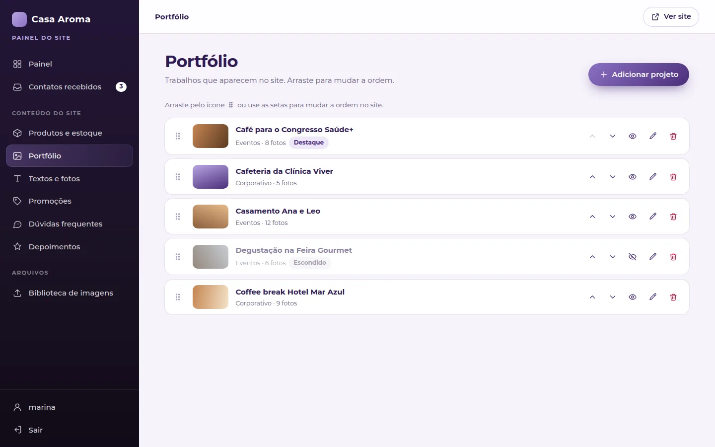 Exemplo do painel: Portfólio