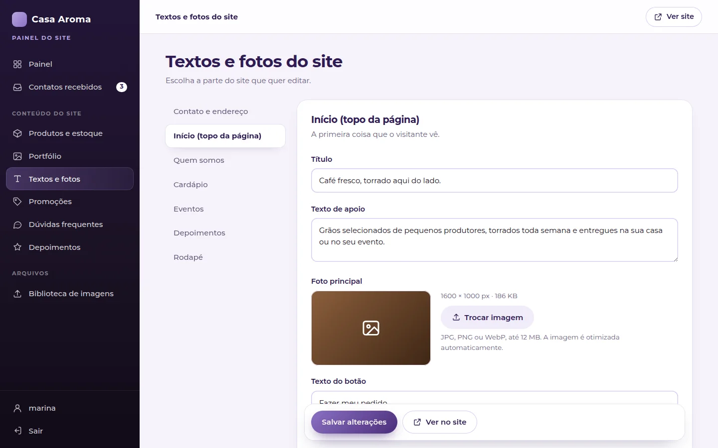 Exemplo do painel: Textos e fotos